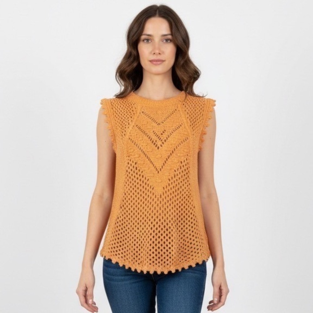 Another Love Orange Pointelle Knit Sleeveless Top Chevron Bobble Scallop Small‎